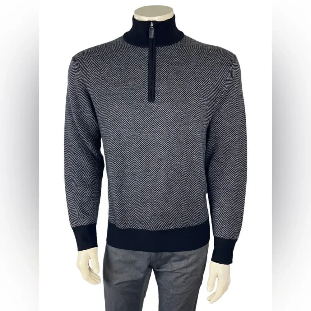 Cremieux Classics Zip Front Pullover in Gray/Black Chevron 100% Merino Wool Sz L